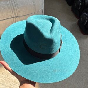 Teal Wide-Brim Wool Felt Hat with Ribbon